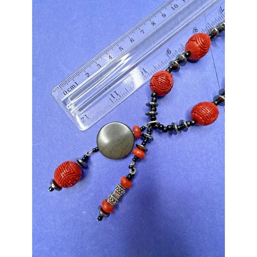 Cinnabar Hand Carved Necklace Red Beads Dangle Hematite Black Quartz ‎ 22